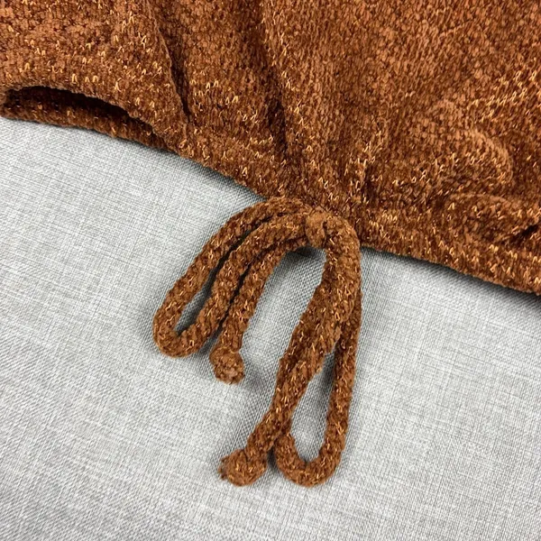 Free Kisses Sweater Womens Small Brown V Neck Drawstring Hem Knit Pullover - Image 3