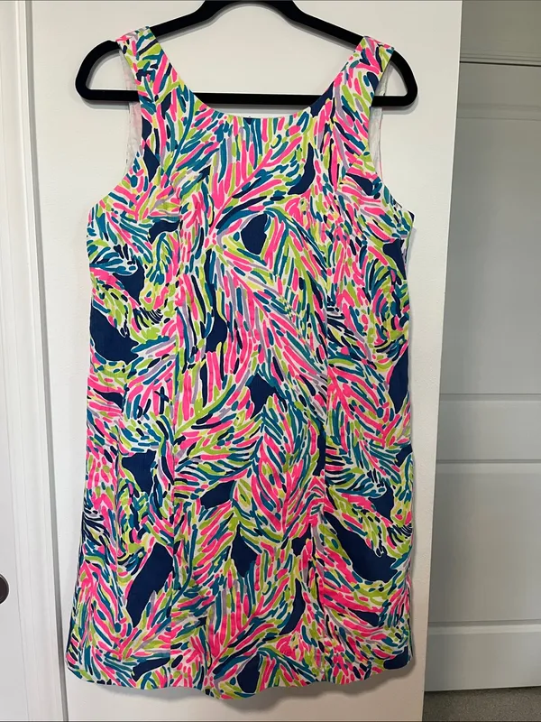 Lilly Pulitzer Cathy Shift Dress (Sz 10) Indigo Palm Reader Cotton Mini Hot Pink - Image 3