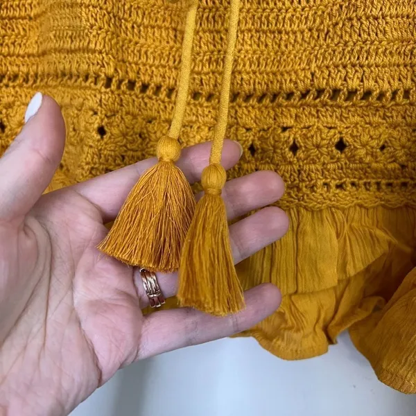 NWT American Eagle Crochet Boho Cropped Ruffle Hem Mustard‎ Yellow Top Blouse - Image 6