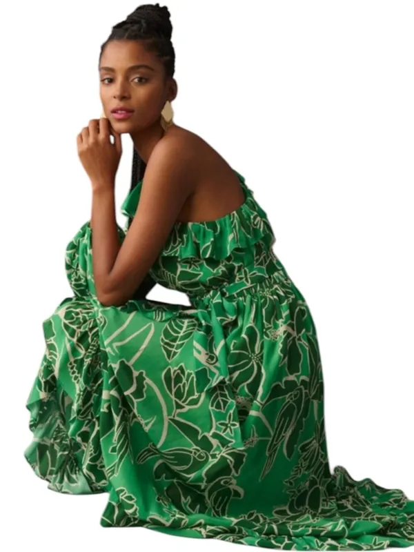 FARM Rio Tropical Green One-Shoulder Ruffle Midi Dress Size XS - Image 4