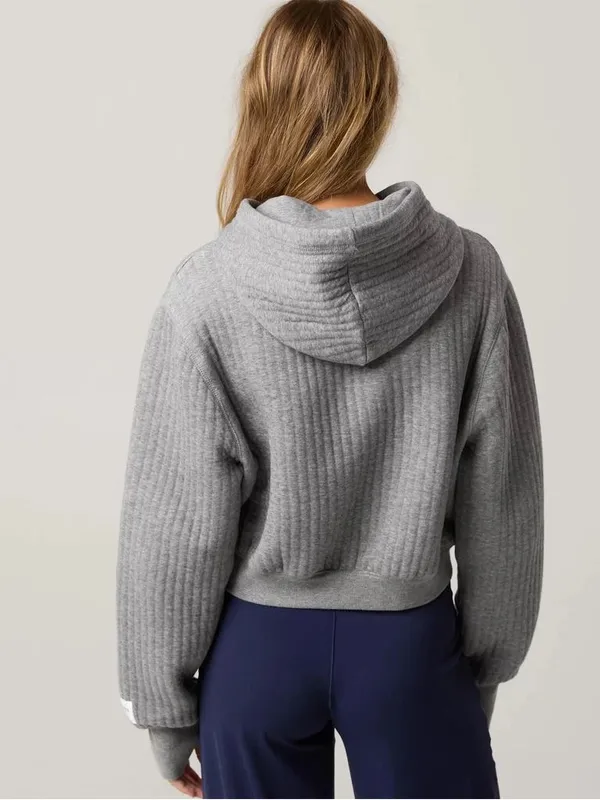 Aerie OFFLINE By Aerie Coffee Run Cropped Hoodie Grey Pullover Ribbed Size M - Image 2