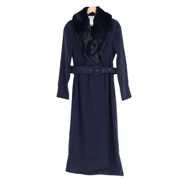 Naked Wardrobe The Statement Trench Coat Womens XS Navy Stretch Fur Trim Lined - Image 2