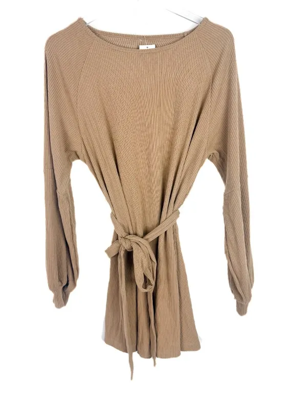 NWT Cupshe Belted Bishop Sleeve Rib Knit Mini Dress Brown Tan Size Medium M NEW - Image 2