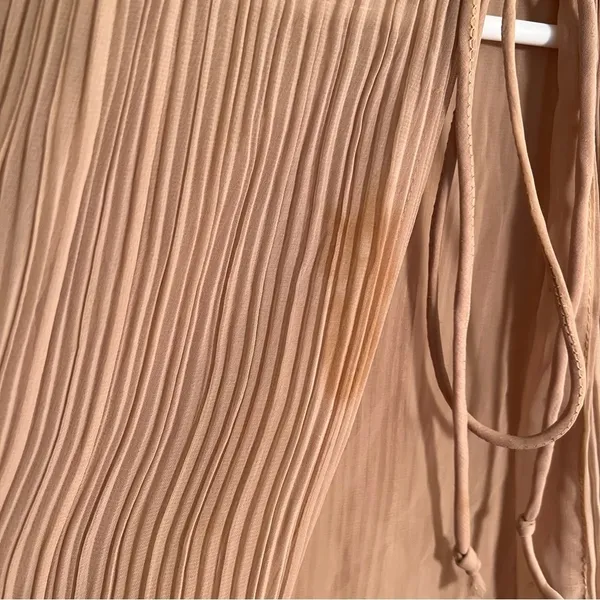 Women's‎ Pleated Blouse Long Sleeve Tan Brown Lace Hem Reversible Tie Closure - Image 8