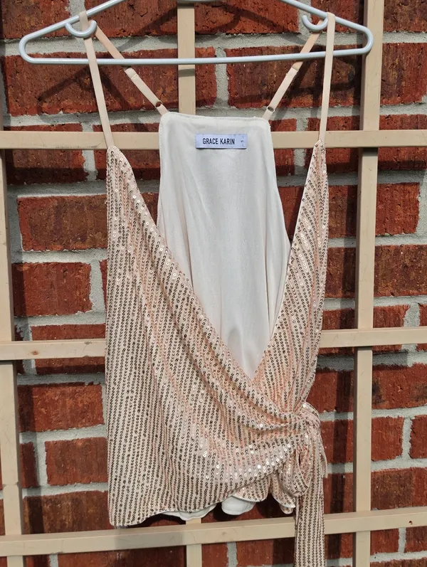 Grace Karin Rose Gold sequin Camisole Wrap top with Tie Side Small - Image 2