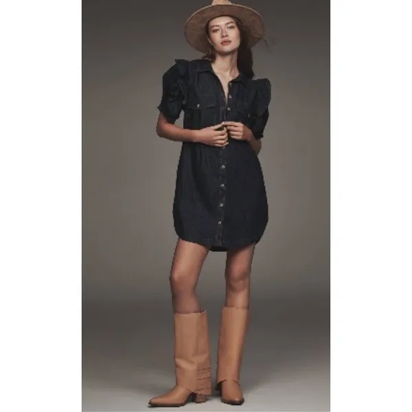 Anthropologie PILCRO RUFFLE-SLEEVE DENIM SHIRT DRESS XXS NEW Preppy Boho Resort - Image 2