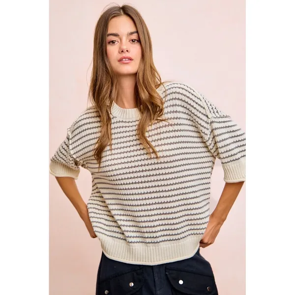 BiBi Stripes Short Sleeves Rib Banded Outseam Knit Top‎ - Cream/Grey - Medium - Image 5