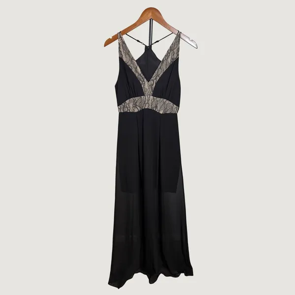 BCBGeneration Black Lace Trim T-Strap Back Chiffon Maxi Dress Size 4 - Image 2