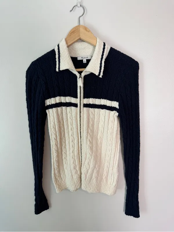 Madewell Cable Knit Zip Cardigan Sweater Collar Navy Medium - Image 2
