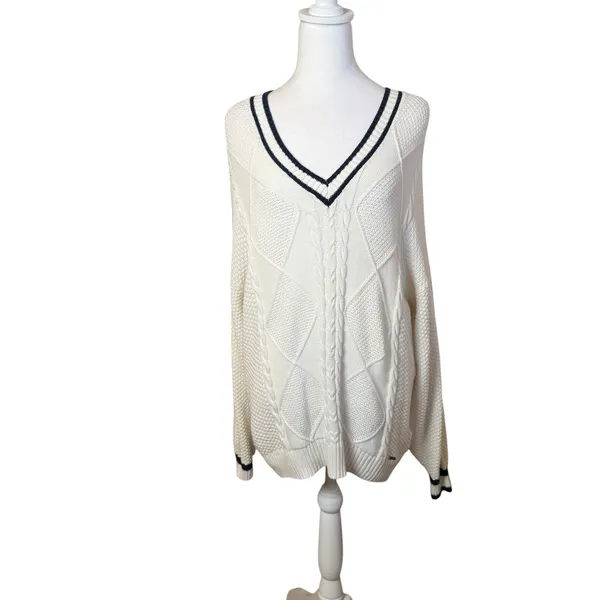 Hollister Preppy V-Neck Cream White Cable Knit Sweater‎ Medium Oversized Tennis - Image 2