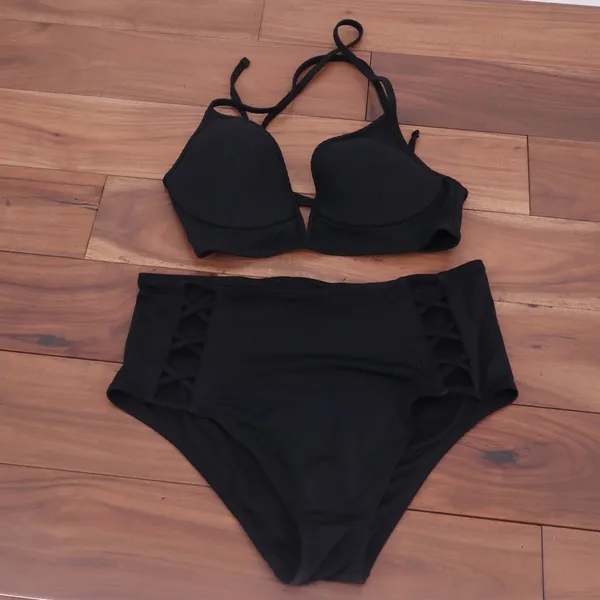 Shade & Shore Black Ribbed Underwire Halter Bikini High Waist Lace Up Set L - Image 2