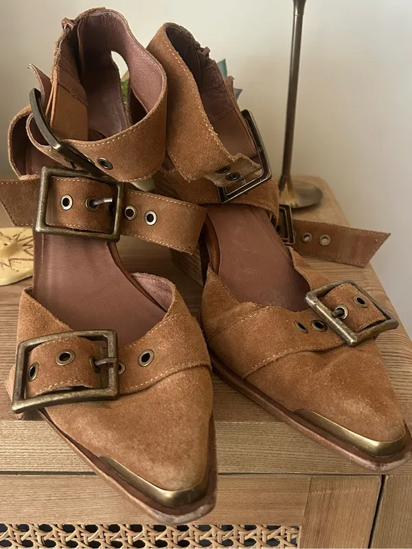 Jeffrey Campbell Free People Hendrix Heels Suede Leather Buckle Tan Brown Size 9 - Image 3