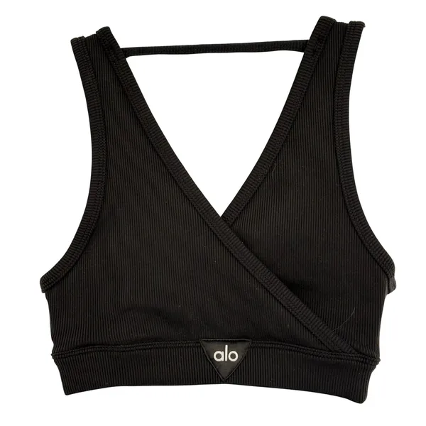 Alo Yoga Ribbed V Neck Sports Bra Women XS Black Wrap Back Activewear Athleisure - Image 4