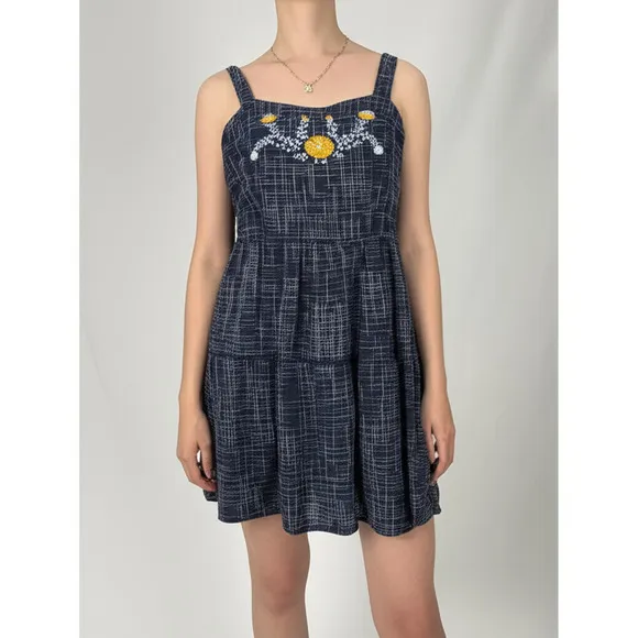 Mata Traders Dress Navy Blue Floral Embroidery Sweetheart neckline Boho - Image 2