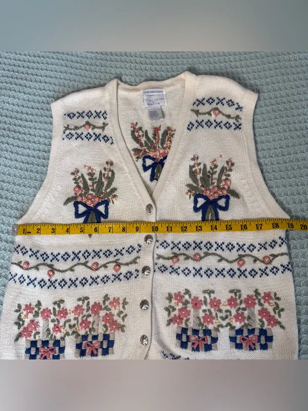 Vintage Hand Embroidered Christopher & Banks Sweater Vest Large Ivory Floral 90s - Image 5
