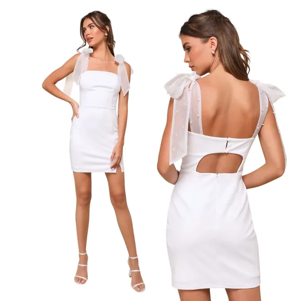 Lulus Beaming Perfection White Pearl Organza Tie-Strap Mini Dress size M - Image 2