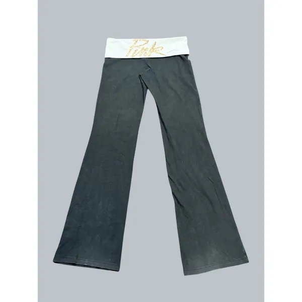 Y2k‎ Victorias Secret Pink Gold MCBling Spellout Foldover Flare Yoga Pants 2000s - Image 3