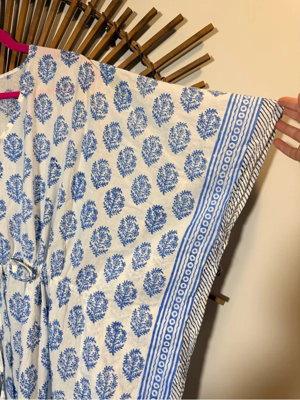 Summerhouse Womens White and Blue Block Print Caftan Cover Up Swim Vacation OS - Image 2