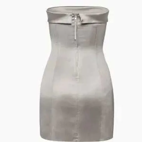 Sunday Best Satin Mini Dress Womens 6 Silver Blue Strapless Fold‎ Over Cocktail - Image 2