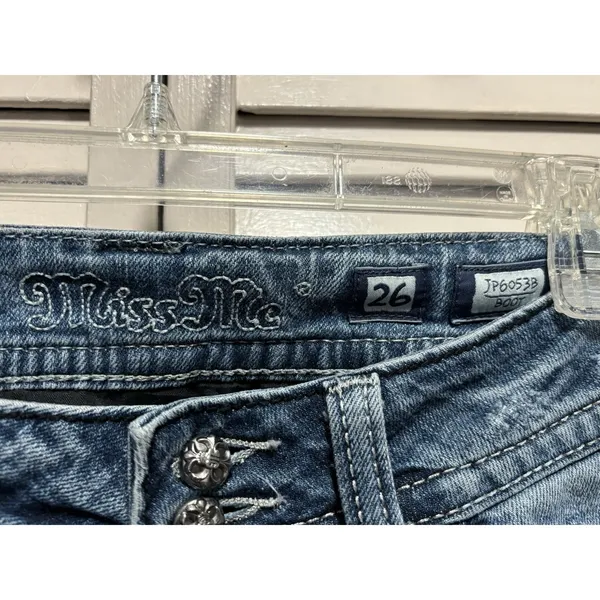 Miss Me Easy Boot Denim Jeans‎ Embroidered/Gems Med Wash Logo Size 26 Low Rise - Image 4