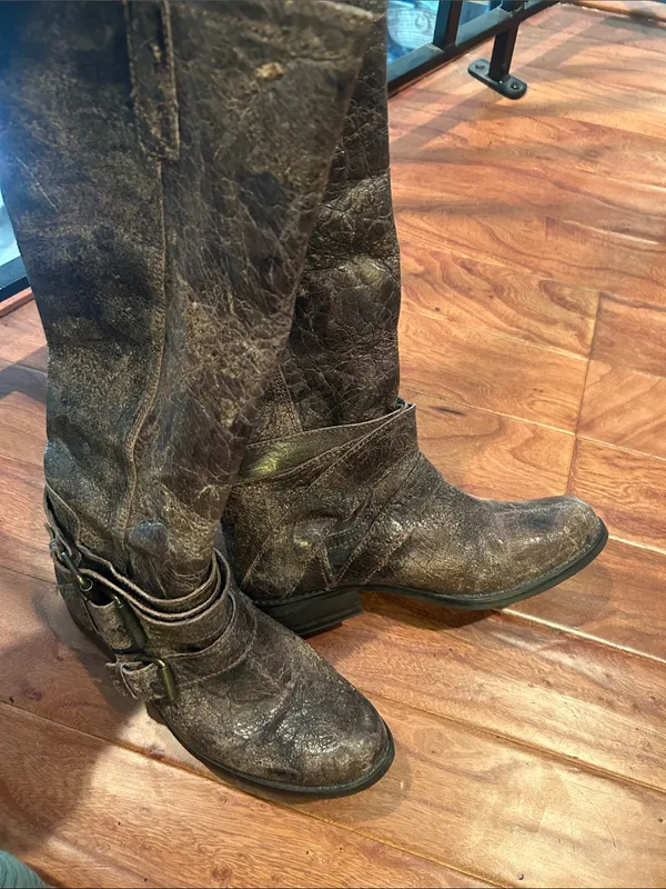 Steve Madden Womens Brodiee Riding Boot Brown Crackle Distress Buckles Size 8.5 - Image 4