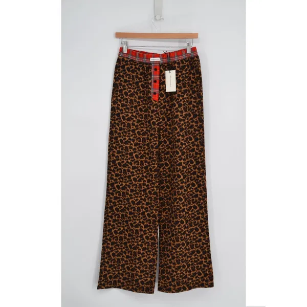 Mimosa Leopard Print Lounge Pants Women's S Plaid Waistband Straight PJ Wide Leg - Image 3