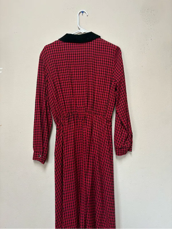 Vintage 90s Red Black Check Velvet Collar Maxi Dress Whimsigoth Grunge L - Image 2