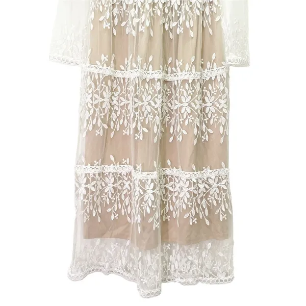 Bohme Lola Lace Midi Dress Small Beige Ivory Embroidered Sheer Long Sleeve Boho - Image 8