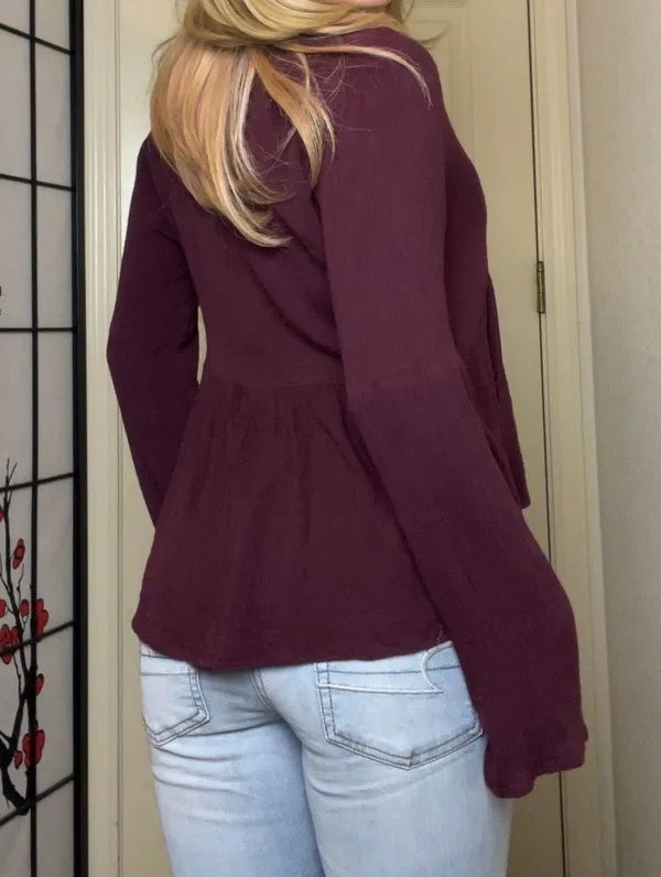 Full Tilt Dark Maroon Red Long-Sleeve V-Neck Peasant Blouse Top - Image 4