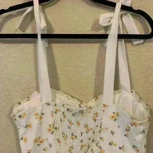 White with yellow floral mini dress, sweetheart, boho, festival, cottagecore - Image 4
