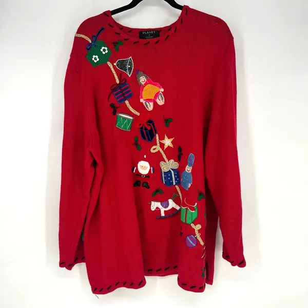 Vintage Red Christmas Sweater Embroidered Santa Toys Gifts Holiday Pullover - Image 2