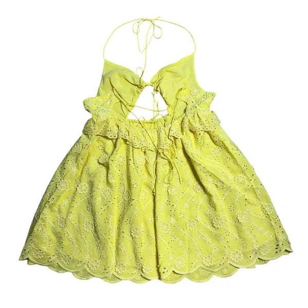 For Love & Lemons Yellow Eyelet Natalia Mini Dress Womens XL - Image 11
