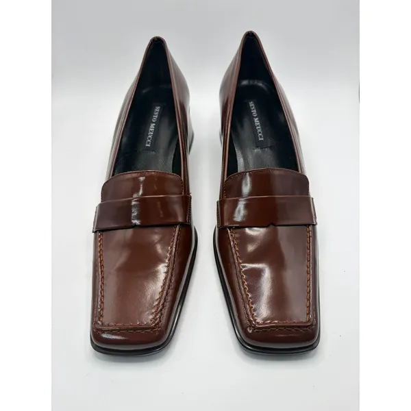 Sesto Meucci Sissy Tan Calf Leather Square Toe Block Heel Penny Loafers Size 8N - Image 7