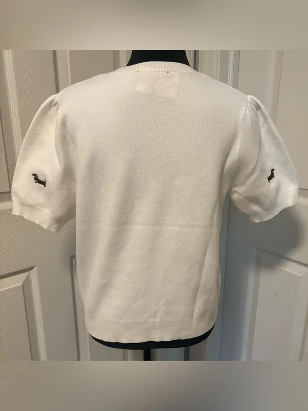 NWT Calligraphie Dachshund Embroidered Puff Sleeve Sweater Top Size Large - Image 5