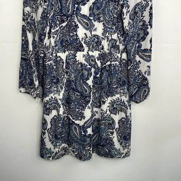 DR2 by Daniel Rainn Blue White Paisley Shift Dress Tassel Tie Neck Split MEDIUM - Image 10