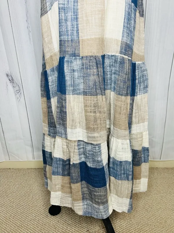 Easel Los Angeles Patchwork Midi Dress Womens Sz L Blue Tan Boho Textured NWT - Image 4