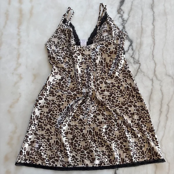 Cabernet Leopard Print Satin Slip Dress Black Lace Trim Chemise Nightgown Size M - Image 4