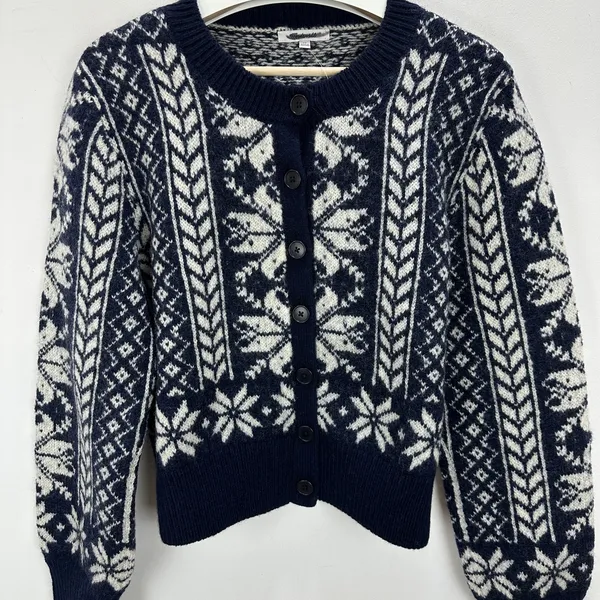 NEW Madewell Fair Isle Cardigan Jacket in Wool Navy Ivory Pattern Womens XL - Image 8