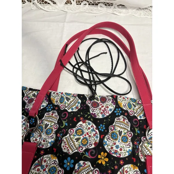 Sugar‎ Skull Bible Tote Bag – Large Fabric Church Carry Bag with Pink Handles - Image 3