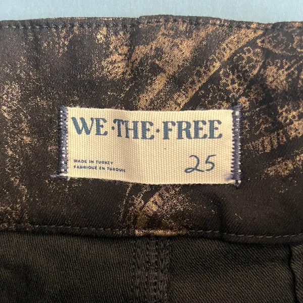 Free People NWT Jayde Black Tie Printed Metallic Black Flare Jeans - Image 10