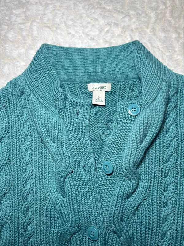 L.L. Bean Teal Cable-Knit Button Cardigan - Image 2