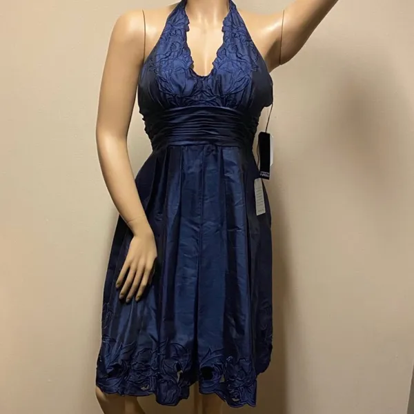 Adrianna Papell Navy Blue Halter Dress | Knee Gown | Semi Formal | Size 8 NWT - Image 3