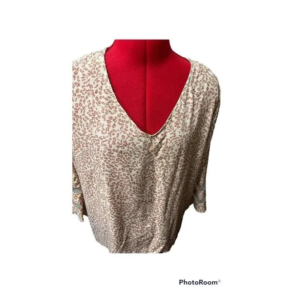 Riley & James Womens XL Leopard Print V-Neck Blouse Mesh Stripe 3/4‎ Sleeve Tan - Image 3