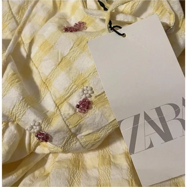 NWT ZARA Gingham Dress Yellow White XXLarge Beaded Open Back - Image 12