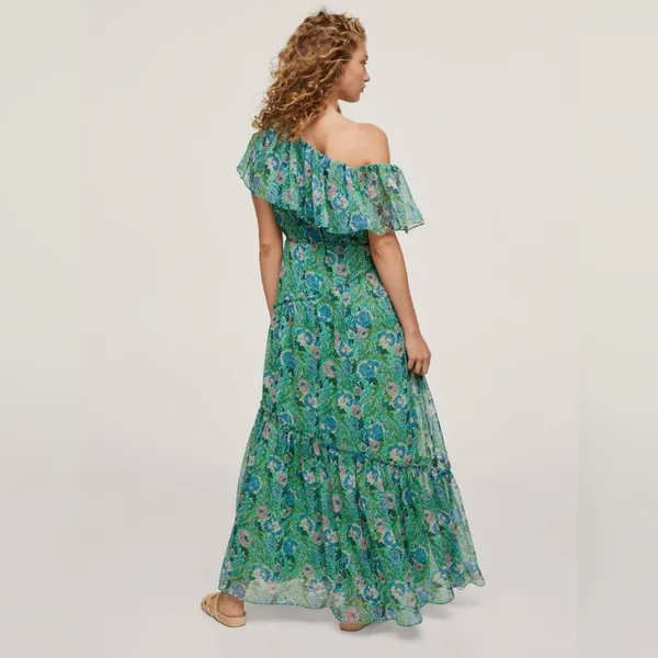 Mango Ruffle One-Shoulder Frill Hem‎ Floral Print Maxi Dress Green Size 2 - Image 6