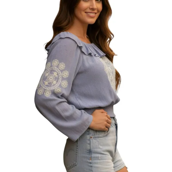 American Eagle Boho Floral Embroidered Crop Top Smocked S Coastal Cottagecore - Image 7