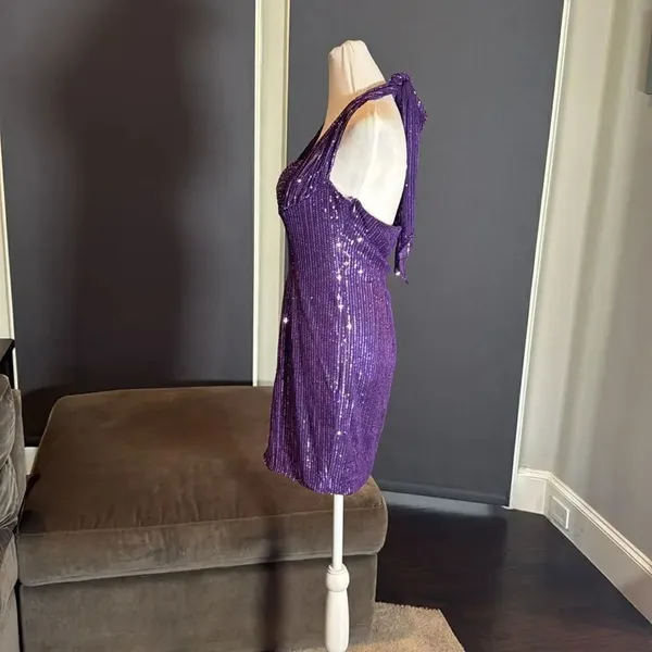 Women’s Purple Fully Sequined Short Prom Party Dress Halter Neck Size 8 NEW - Image 5