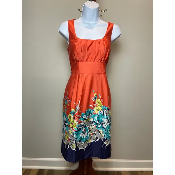 Spense Dress Size 6 Orange Cotton Blend Sleeveless Square Neck Midi Floral Hem - Image 6