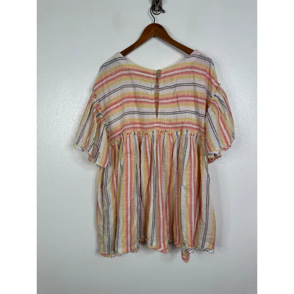 Free People Striped Babydoll Top Orange Yellow Grey Boho Short Sleeve Medium - Image 2