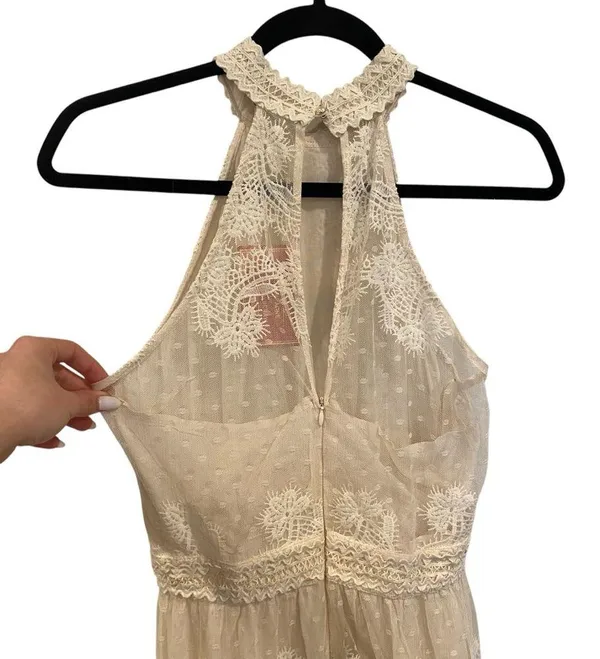 Champagne & Strawberry Tiered Maxi Dress With Crochet Trim & Floral Appliqué - Image 6